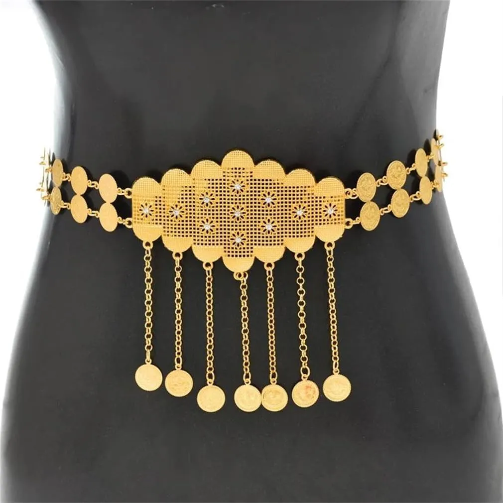 Bohemian Waist Chains Flower Body Chains For Women Carved Coin Tassels Rhinestones Dance Belly Chains