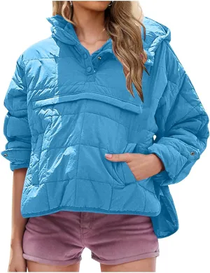 Borniu Women's Quilted Pullover Puffer Jacket Packable Hooded Oversize Winter Coat Tops Lightweight Down Jacket Outerwear