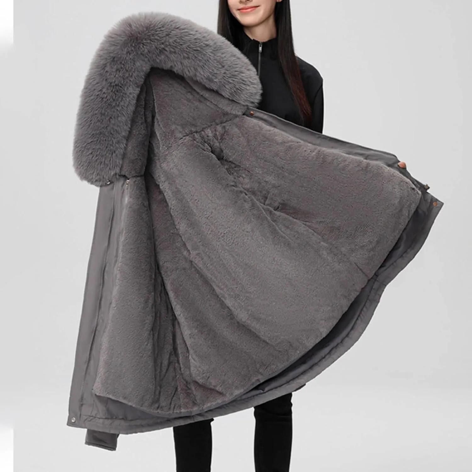 Borniu Women's Warm Thickened Parka Coat Winter Puffer Jacket with Removable Hood Drawstring Fleece Lined Down Jacket