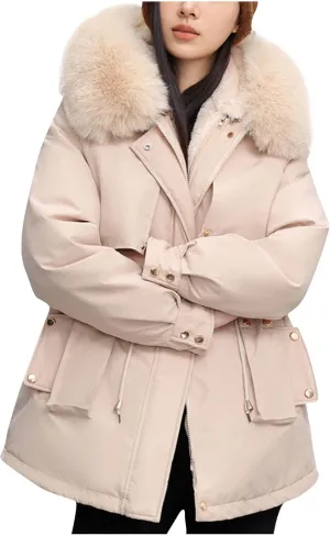 Borniu Women's Warm Thickened Parka Coat Winter Puffer Jacket with Removable Hood Drawstring Fleece Lined Down Jacket