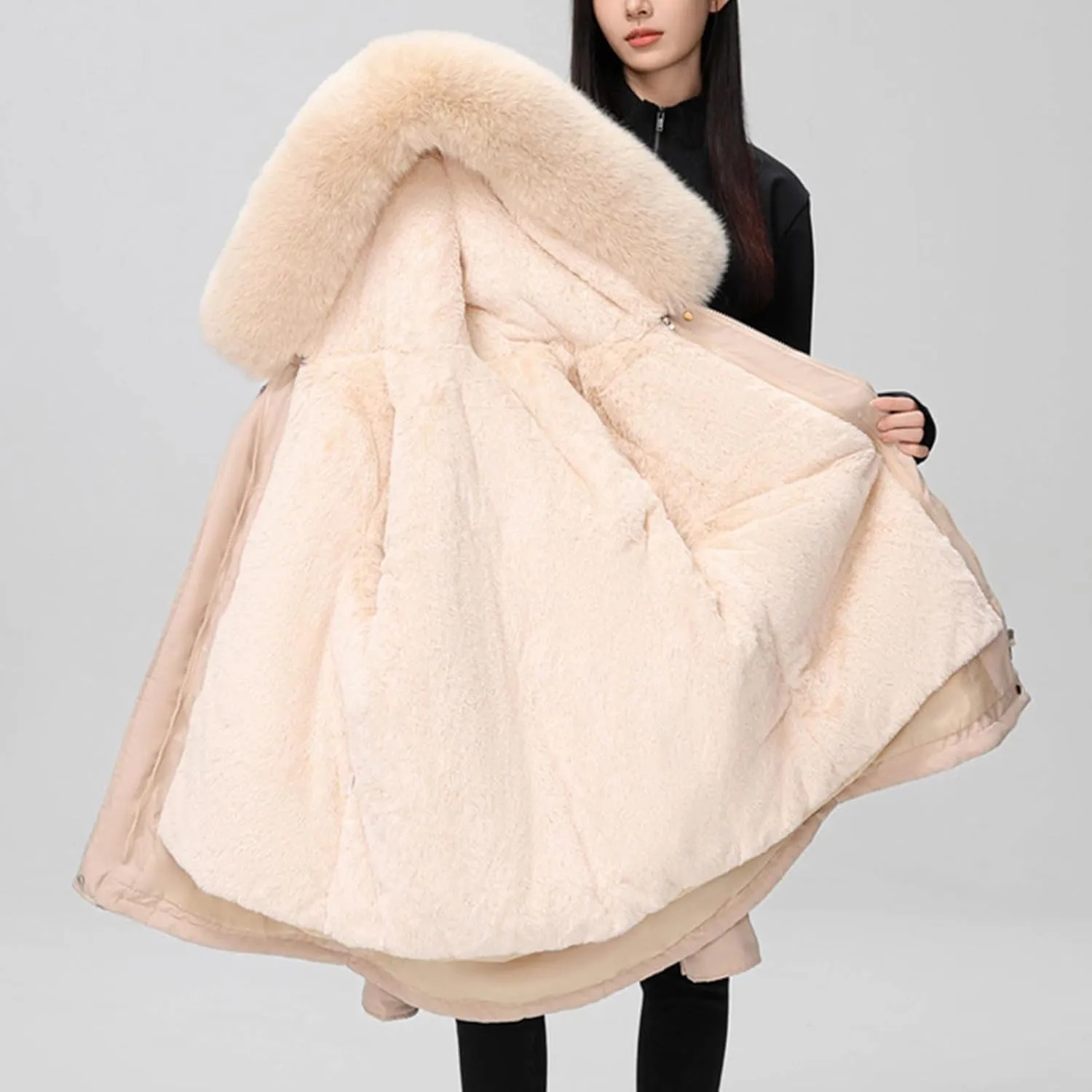 Borniu Women's Warm Thickened Parka Coat Winter Puffer Jacket with Removable Hood Drawstring Fleece Lined Down Jacket