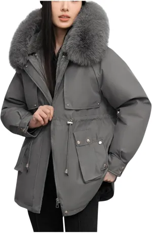 Borniu Women's Warm Thickened Parka Coat Winter Puffer Jacket with Removable Hood Drawstring Fleece Lined Down Jacket