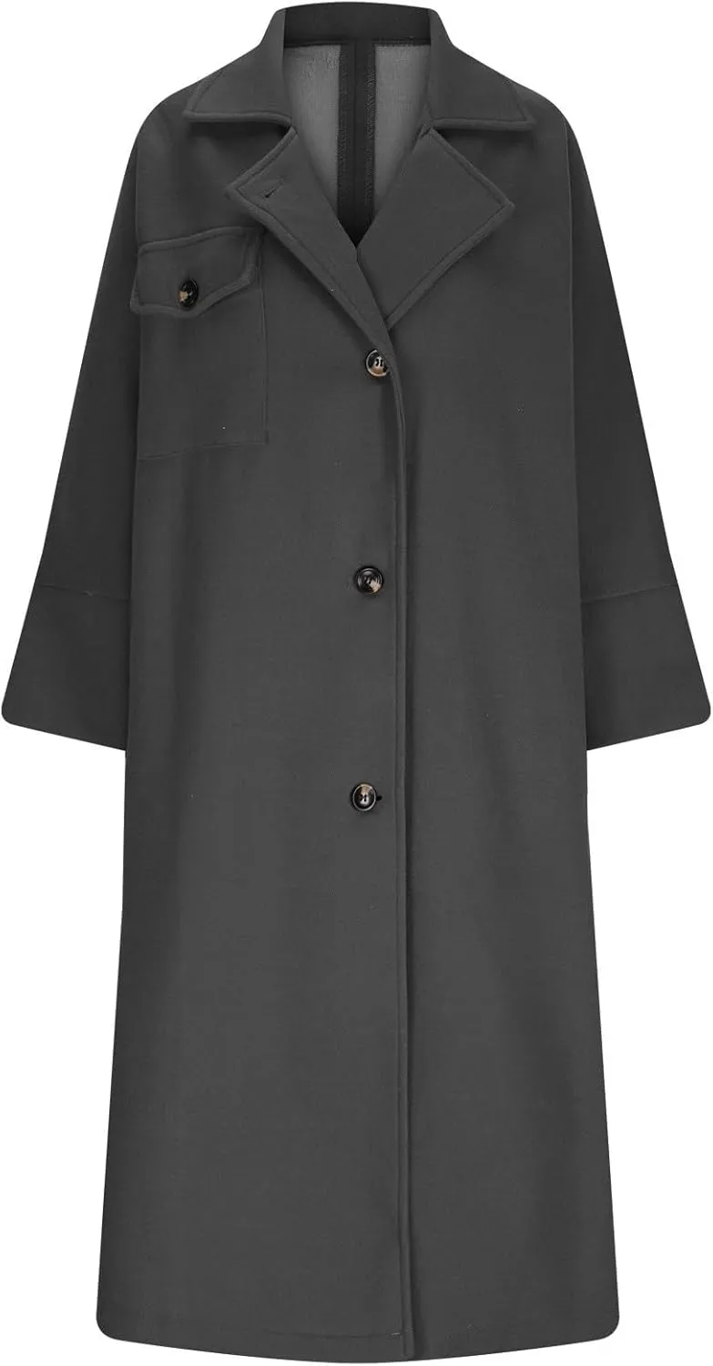 Borniu Women's Winter Wool Coat Casual Notch Lapel Single-Breasted Peacoat Trench Coats Fashion Overcoat