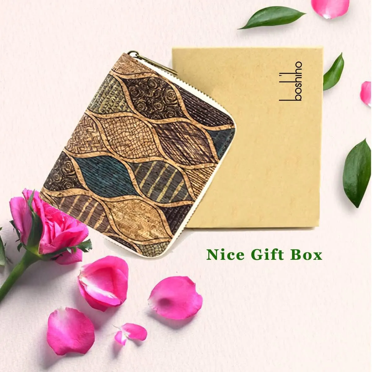 boshiho Vegan Cork Wallet, Womens Purse Slim Zipper Design with Card Holder Coin Pocket Purse Eco-friendly Vegan Gift