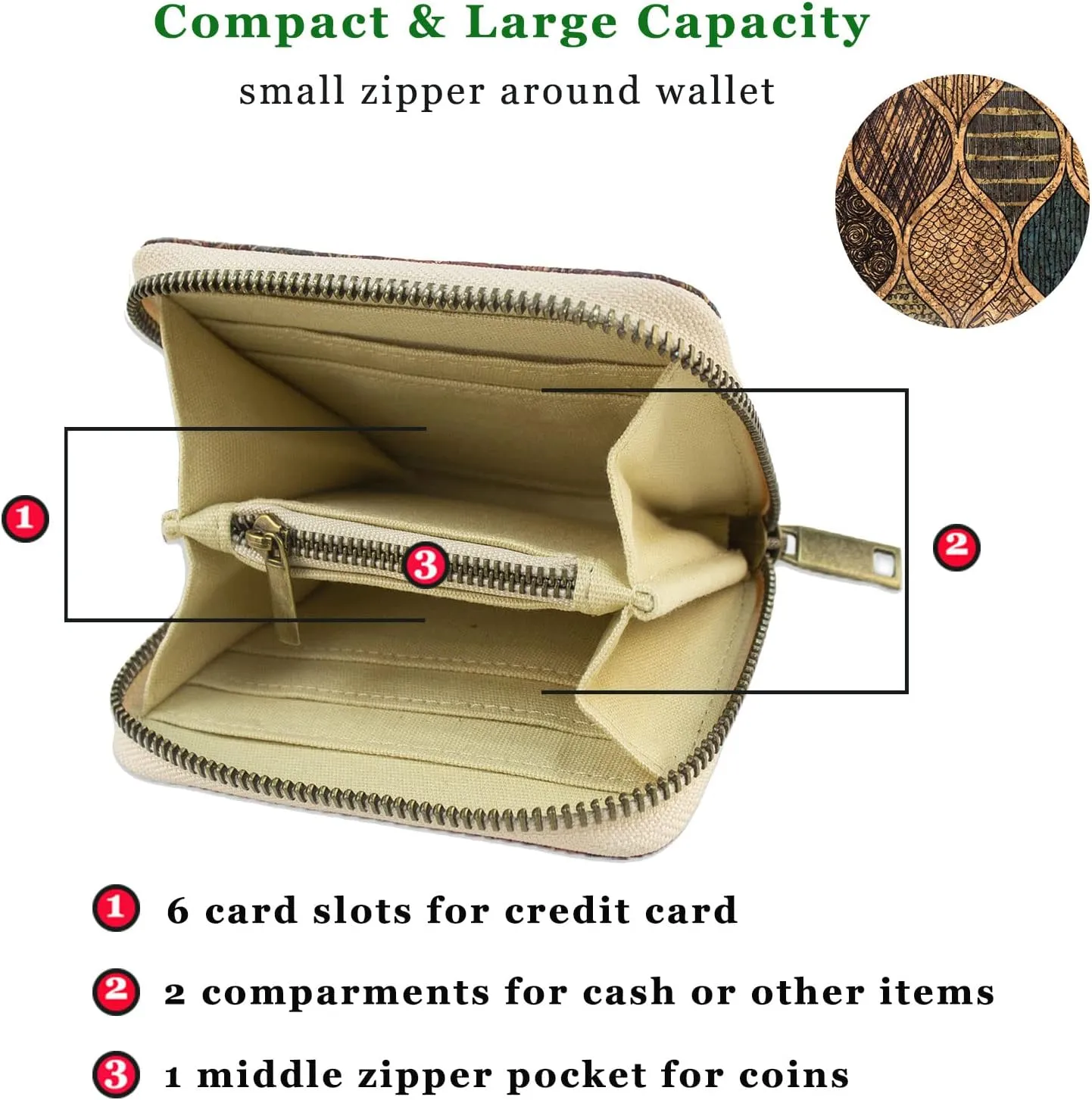 boshiho Vegan Cork Wallet, Womens Purse Slim Zipper Design with Card Holder Coin Pocket Purse Eco-friendly Vegan Gift