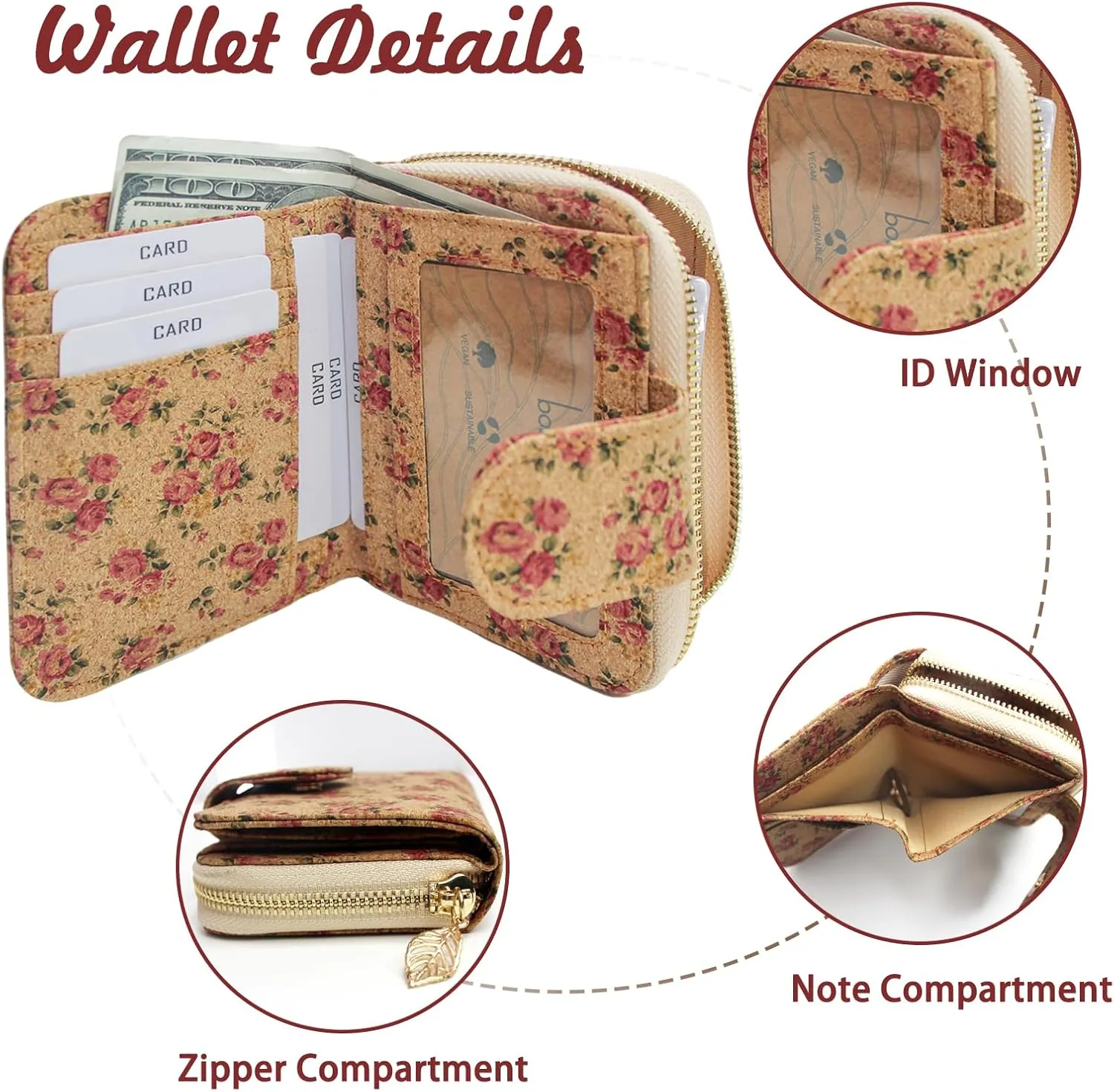 boshiho Vegan Cork Wallet, Womens Purse Slim Zipper Design with Card Holder Coin Pocket Purse Eco-friendly Vegan Gift