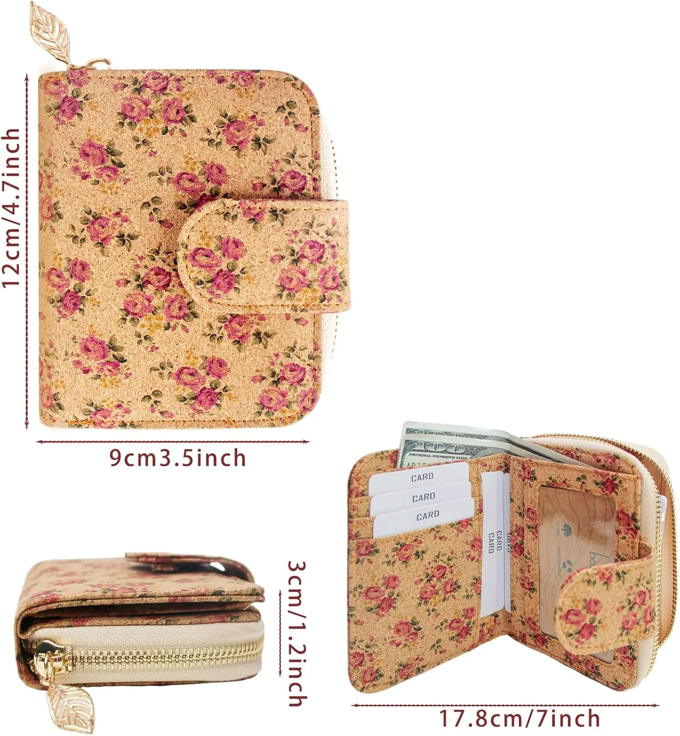 boshiho Vegan Cork Wallet, Womens Purse Slim Zipper Design with Card Holder Coin Pocket Purse Eco-friendly Vegan Gift