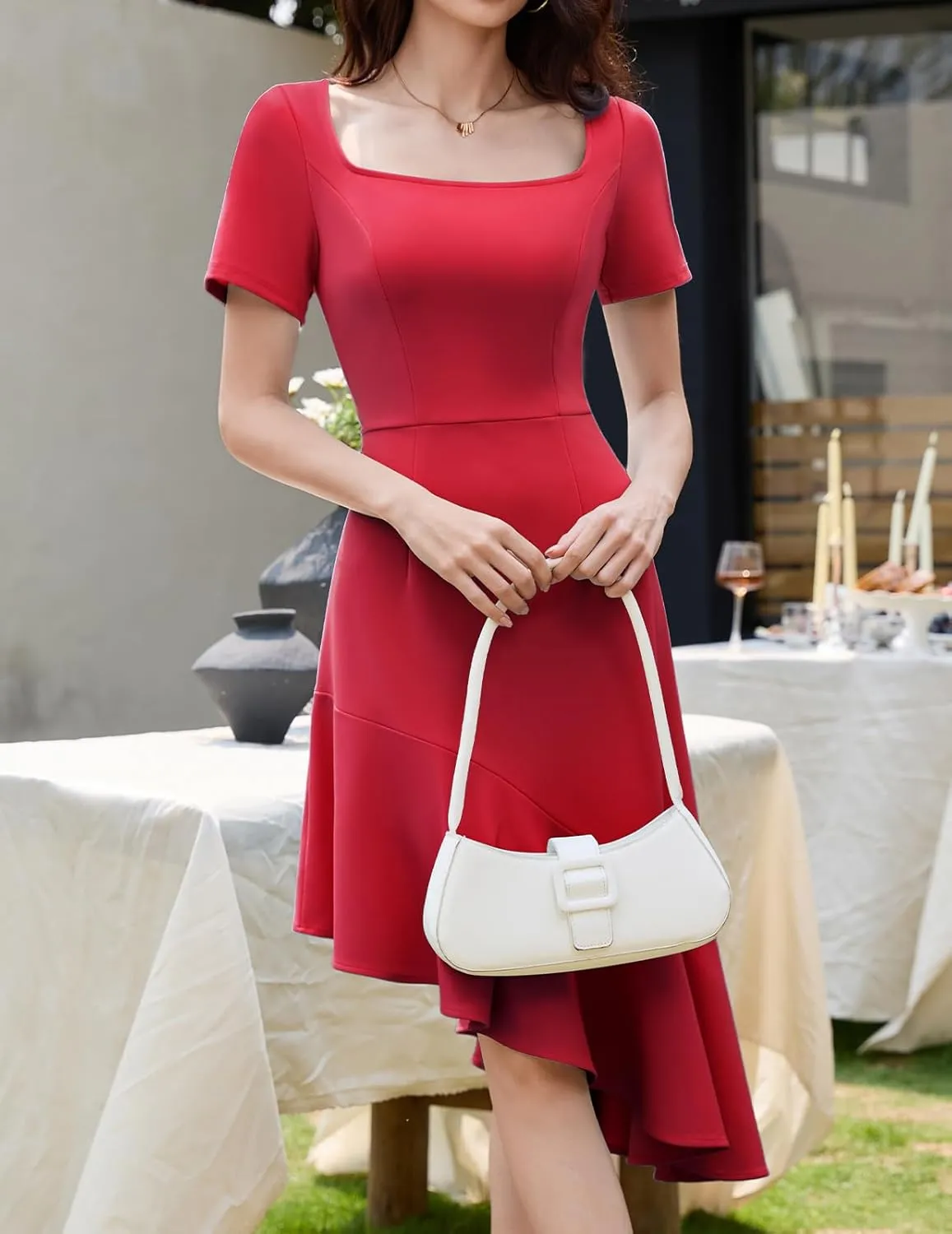 Bridesmay Women's Cocktail Dresses with Sleeves Square Neck Ruffle Graduation Prom Party Dress 2025