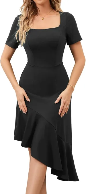 Bridesmay Women's Cocktail Dresses with Sleeves Square Neck Ruffle Graduation Prom Party Dress 2025