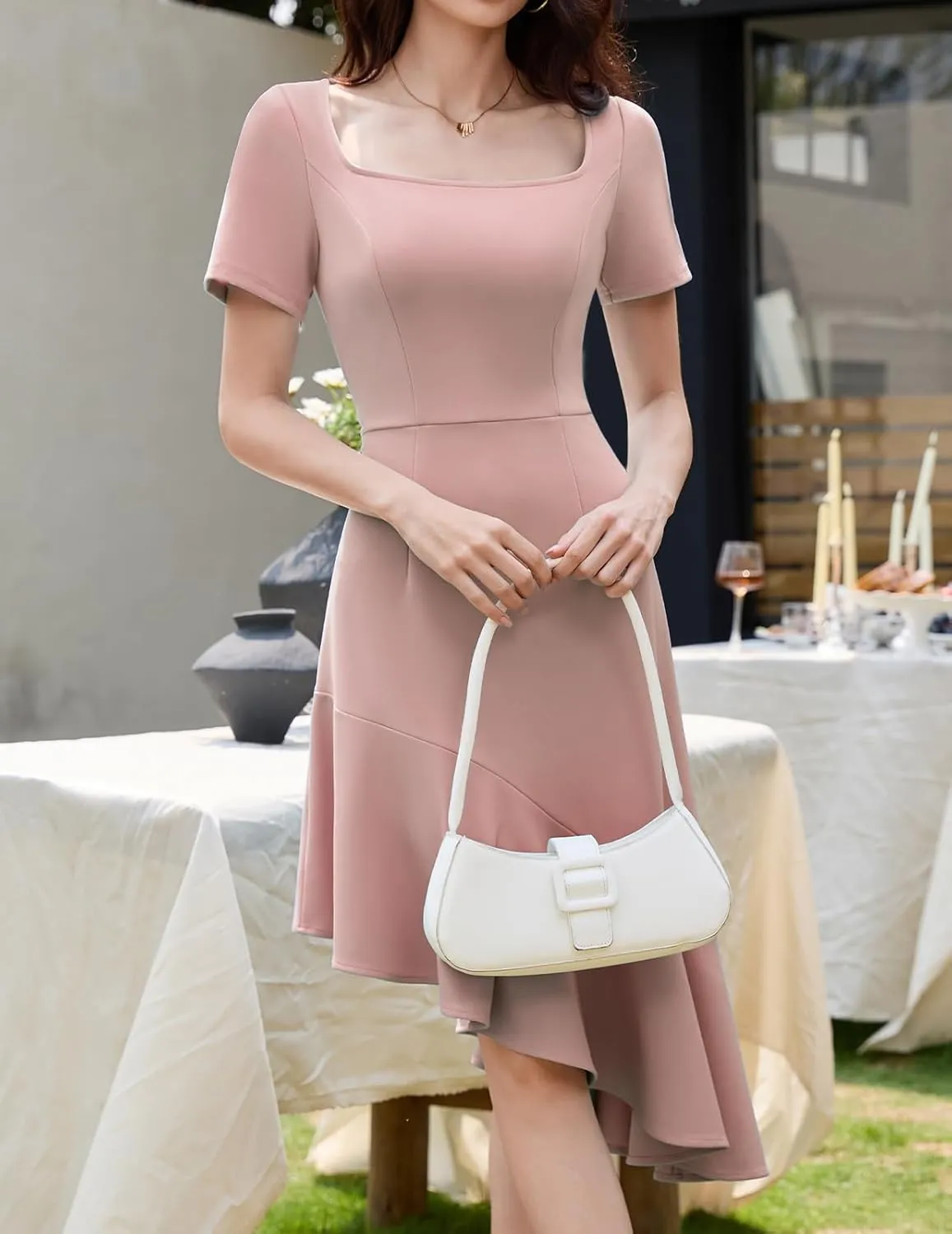 Bridesmay Women's Cocktail Dresses with Sleeves Square Neck Ruffle Graduation Prom Party Dress 2025