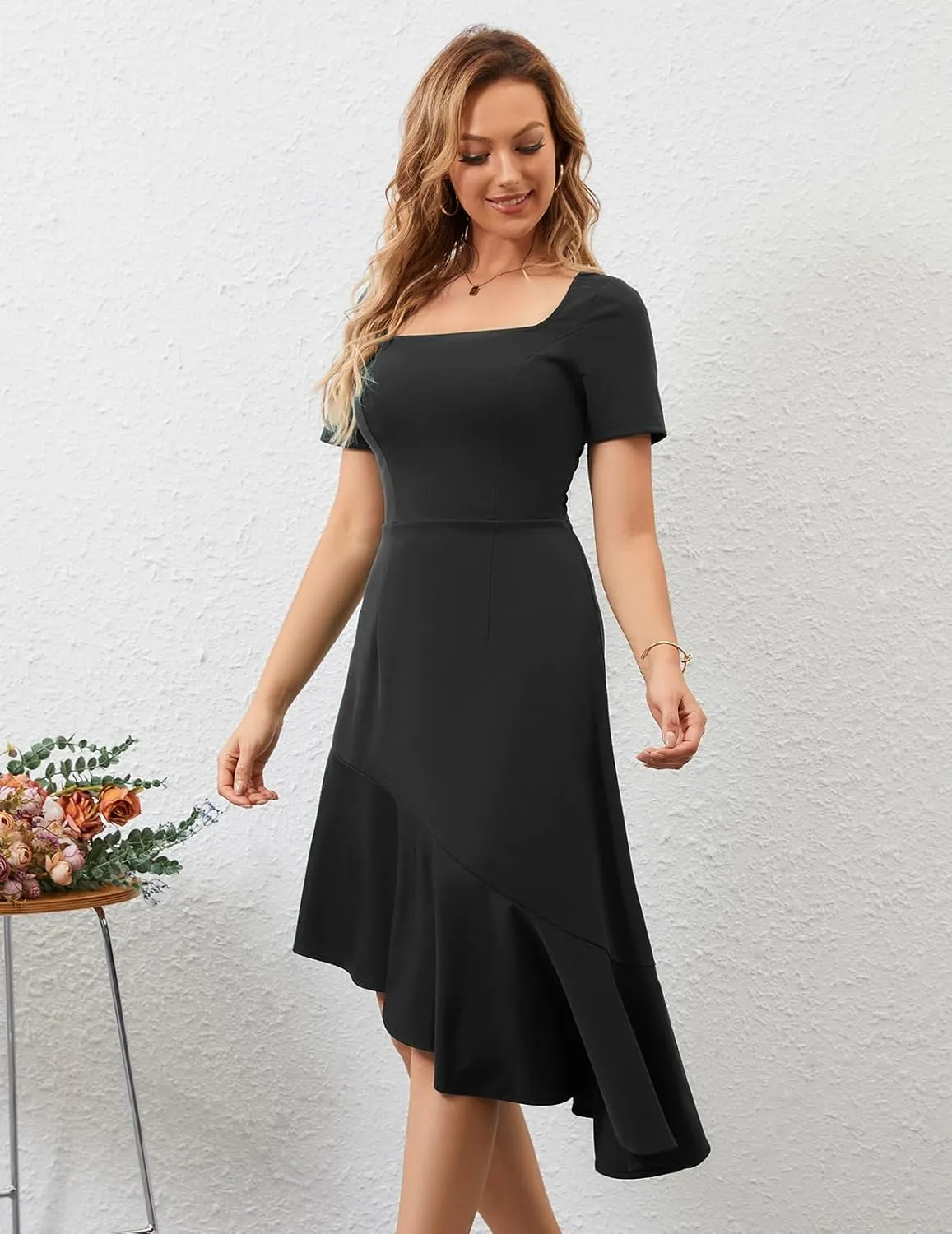 Bridesmay Women's Cocktail Dresses with Sleeves Square Neck Ruffle Graduation Prom Party Dress 2025