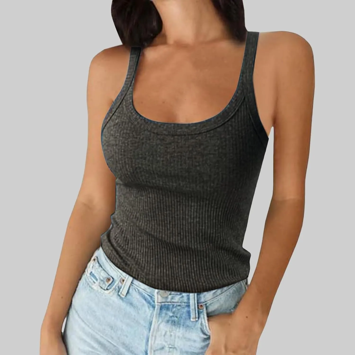 Built in Bra Tank Tops for Women Spaghetti Strap Scoop Neck Ribbed Camisole Basic Slim Fitted Cami Shirts