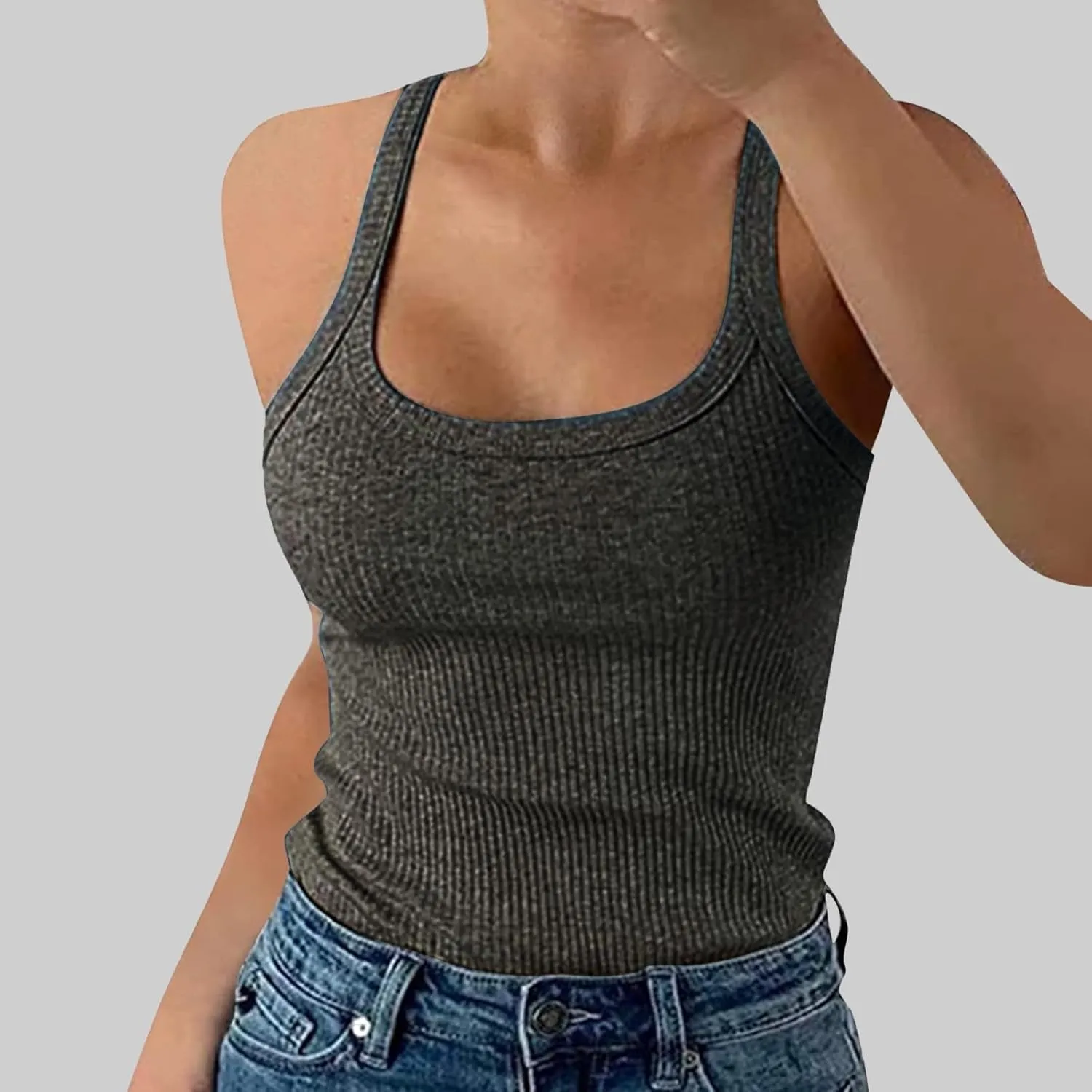 Built in Bra Tank Tops for Women Spaghetti Strap Scoop Neck Ribbed Camisole Basic Slim Fitted Cami Shirts