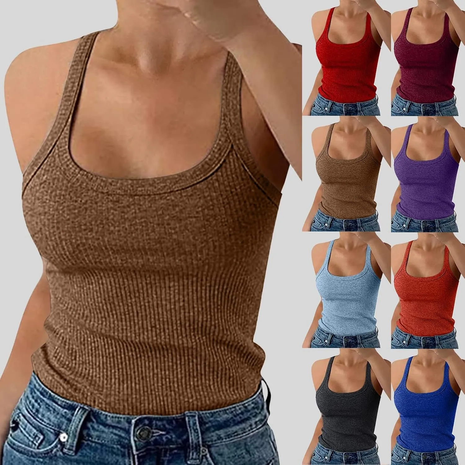 Built in Bra Tank Tops for Women Spaghetti Strap Scoop Neck Ribbed Camisole Basic Slim Fitted Cami Shirts