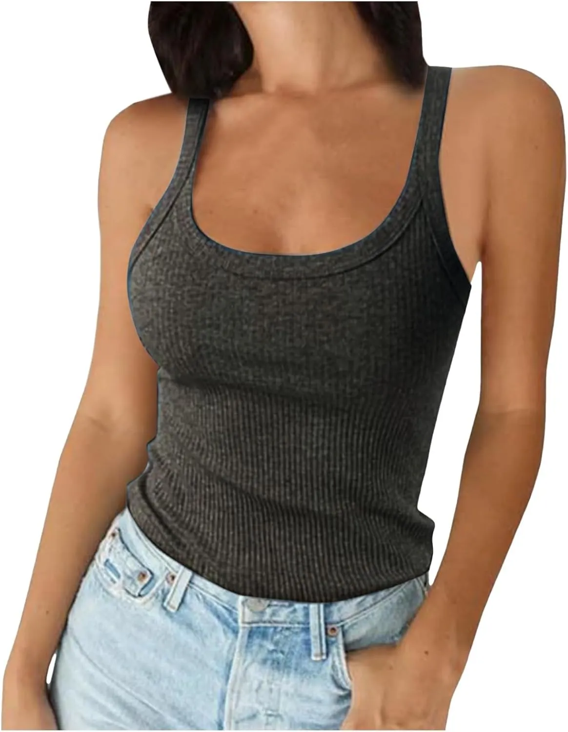 Built in Bra Tank Tops for Women Spaghetti Strap Scoop Neck Ribbed Camisole Basic Slim Fitted Cami Shirts