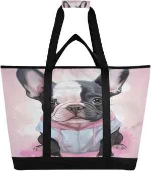 Bulldog Dog Tote Bag for Women with Zipper Reusable Grocery Bags Foldable Insulated Cooler Bag Handbags Totes Shopping Bags for Groceries Work Picnic Travel Beach