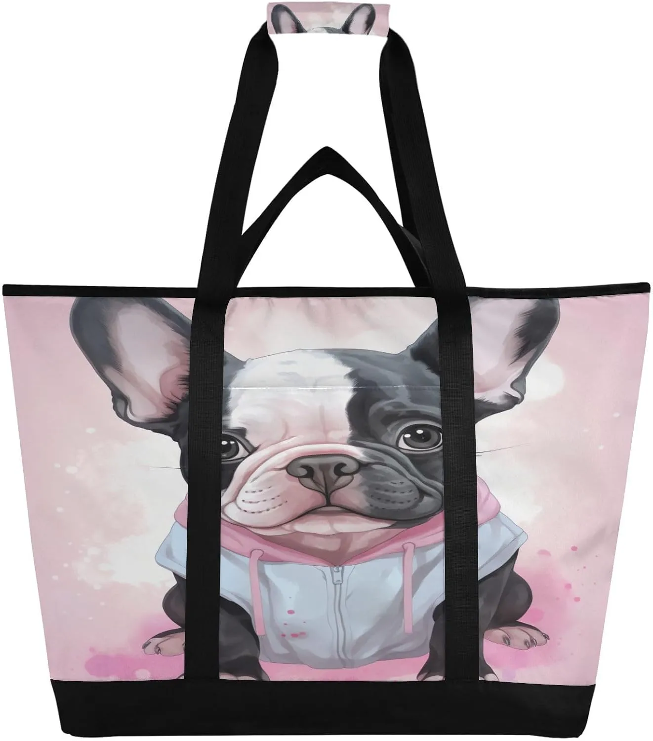 Bulldog Dog Tote Bag for Women with Zipper Reusable Grocery Bags Foldable Insulated Cooler Bag Handbags Totes Shopping Bags for Groceries Work Picnic Travel Beach