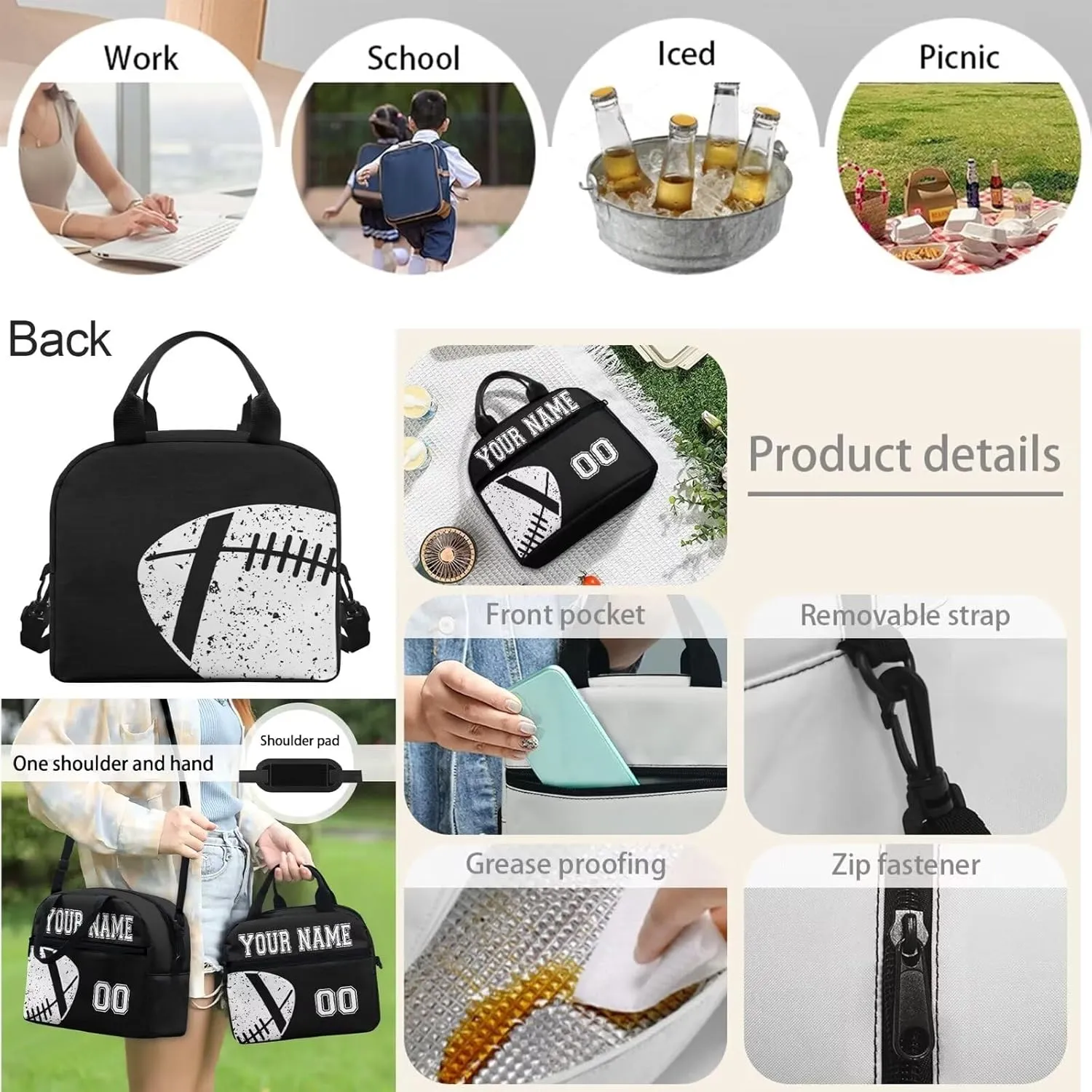 Bulopur Boys Girls Rugby Print School Backpack Set 4 In 1, Black Customized Bookbag Schoolbag Shoulder Bag Lunch Bags Pencil Case Pen Holder with Name