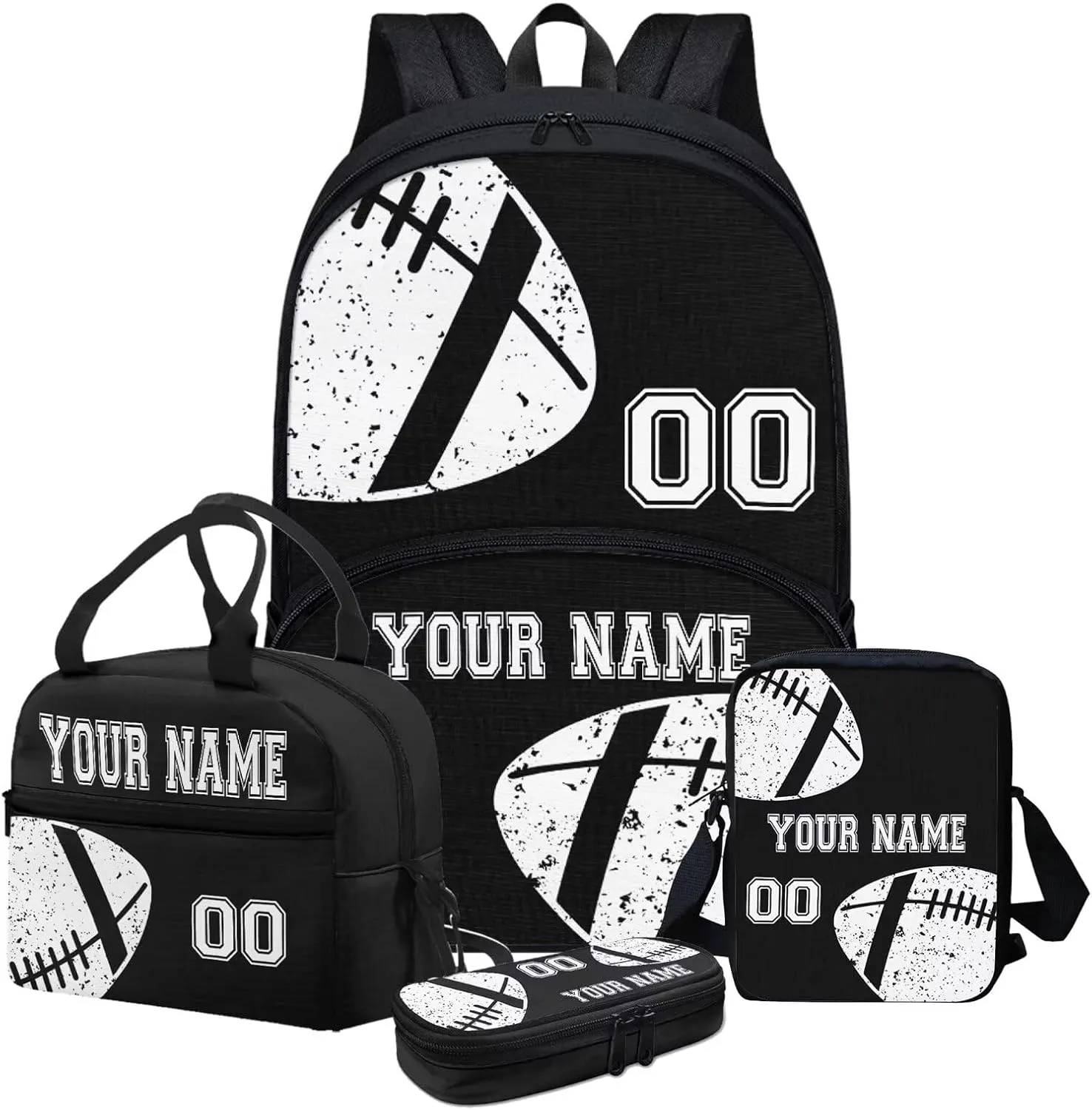 Bulopur Boys Girls Rugby Print School Backpack Set 4 In 1, Black Customized Bookbag Schoolbag Shoulder Bag Lunch Bags Pencil Case Pen Holder with Name