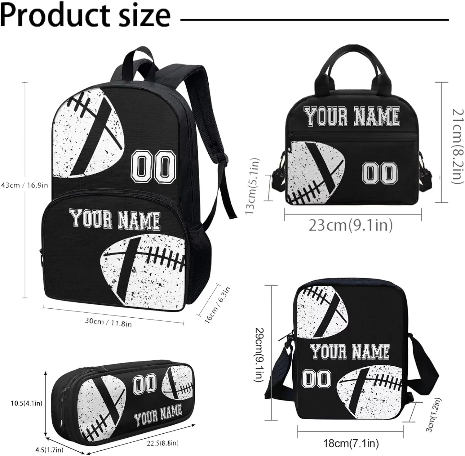 Bulopur Boys Girls Rugby Print School Backpack Set 4 In 1, Black Customized Bookbag Schoolbag Shoulder Bag Lunch Bags Pencil Case Pen Holder with Name