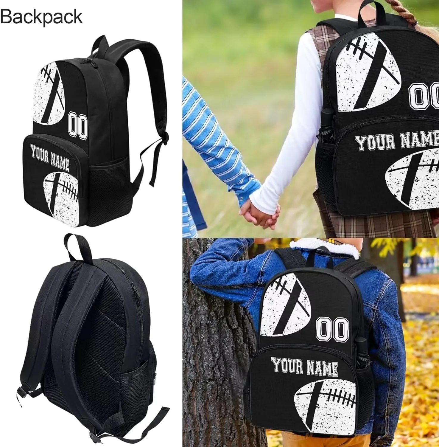 Bulopur Boys Girls Rugby Print School Backpack Set 4 In 1, Black Customized Bookbag Schoolbag Shoulder Bag Lunch Bags Pencil Case Pen Holder with Name