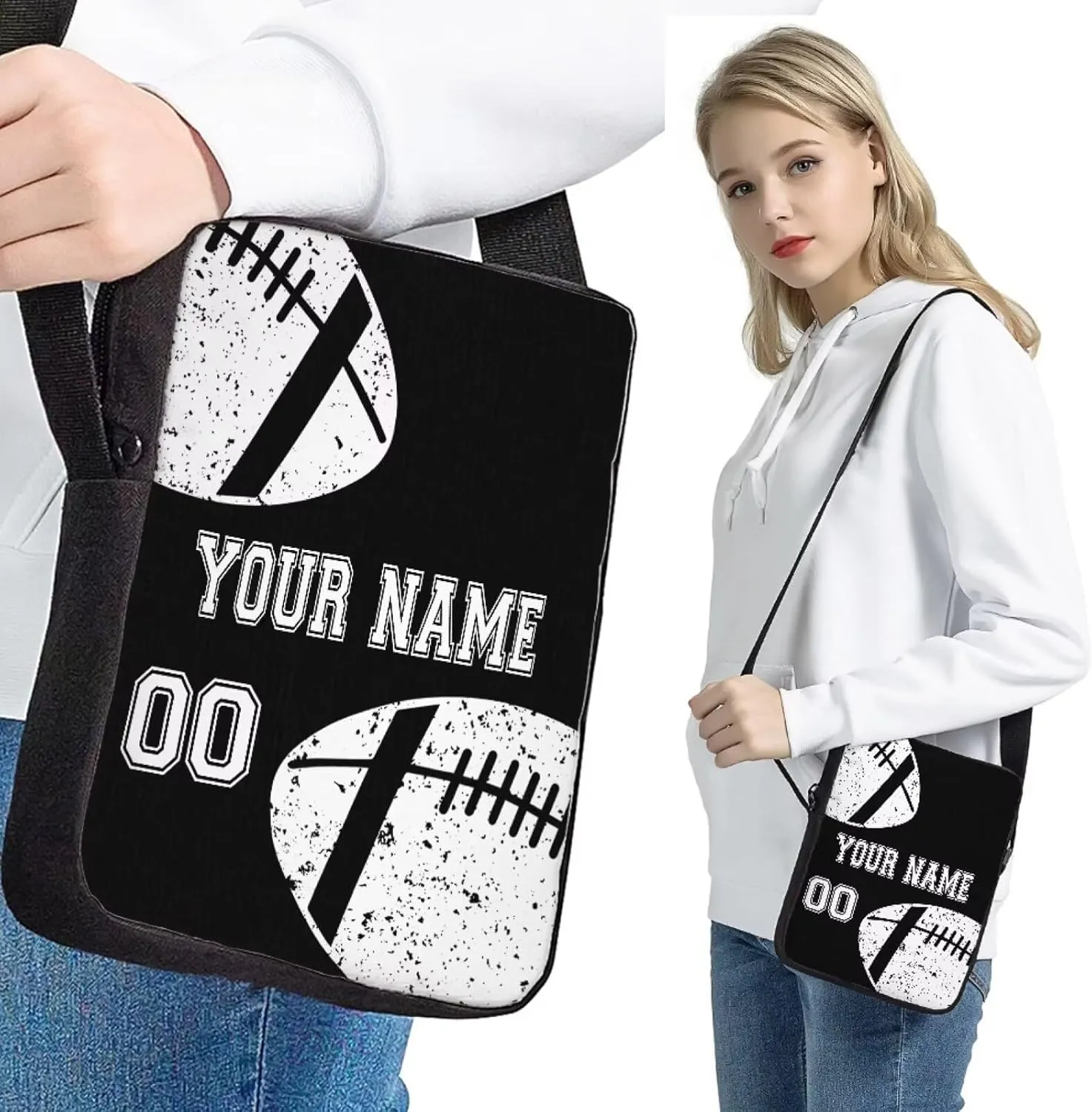 Bulopur Boys Girls Rugby Print School Backpack Set 4 In 1, Black Customized Bookbag Schoolbag Shoulder Bag Lunch Bags Pencil Case Pen Holder with Name