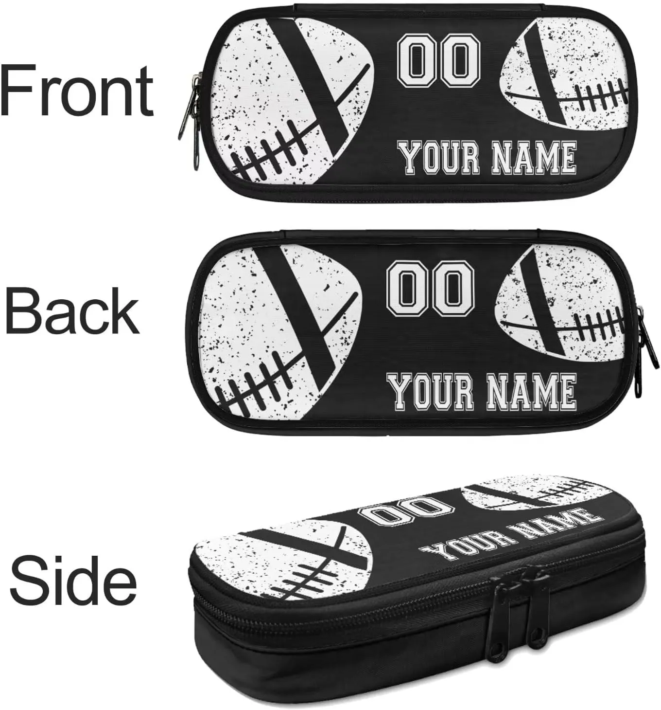 Bulopur Boys Girls Rugby Print School Backpack Set 4 In 1, Black Customized Bookbag Schoolbag Shoulder Bag Lunch Bags Pencil Case Pen Holder with Name