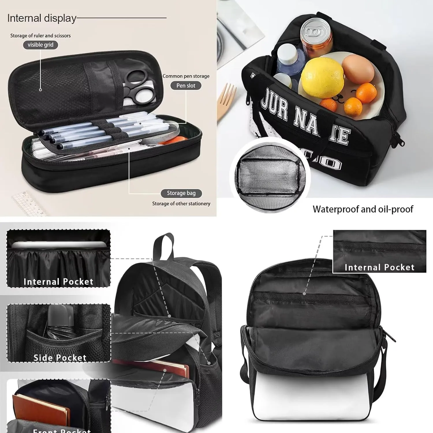 Bulopur Boys Girls Rugby Print School Backpack Set 4 In 1, Black Customized Bookbag Schoolbag Shoulder Bag Lunch Bags Pencil Case Pen Holder with Name