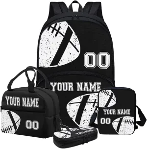 Bulopur Boys Girls Rugby Print School Backpack Set 4 In 1, Black Customized Bookbag Schoolbag Shoulder Bag Lunch Bags Pencil Case Pen Holder with Name