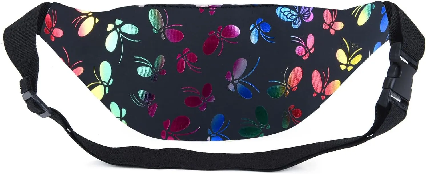 Butterfly Pattern Fanny Pack Shiny Waterproof Waist Packs for Women Men Fashion Holographic Belt Bag with Adjustable Belt for Rave Festival Hiking Travel Outdoor