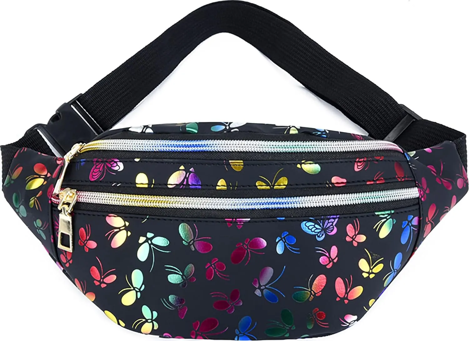 Butterfly Pattern Fanny Pack Shiny Waterproof Waist Packs for Women Men Fashion Holographic Belt Bag with Adjustable Belt for Rave Festival Hiking Travel Outdoor