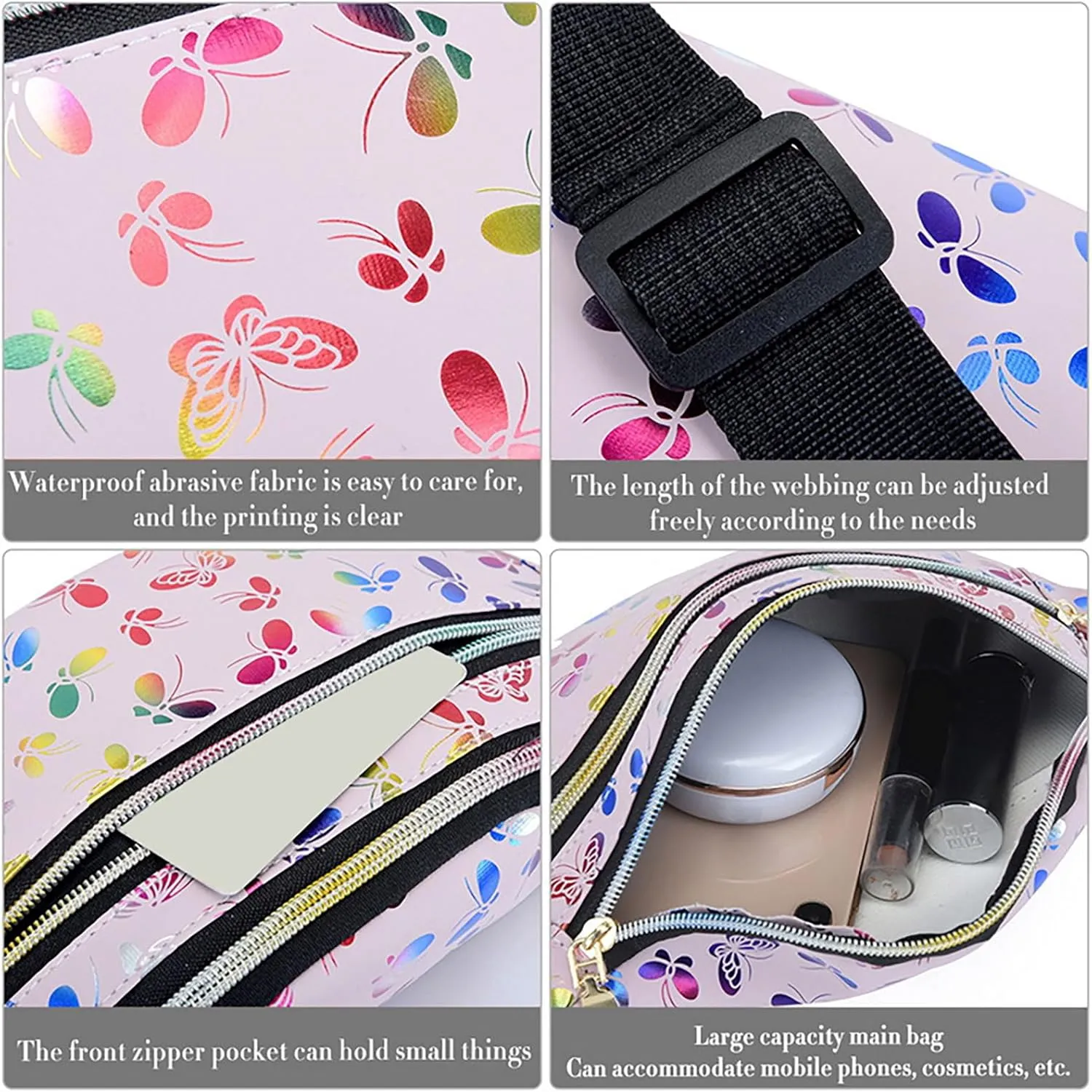 Butterfly Pattern Fanny Pack Shiny Waterproof Waist Packs for Women Men Fashion Holographic Belt Bag with Adjustable Belt for Rave Festival Hiking Travel Outdoor