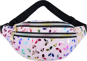 Butterfly Pattern Fanny Pack Shiny Waterproof Waist Packs for Women Men Fashion Holographic Belt Bag with Adjustable Belt for Rave Festival Hiking Travel Outdoor