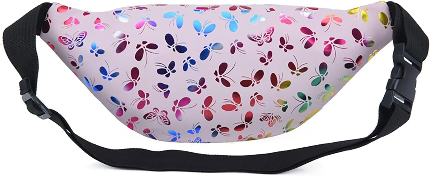 Butterfly Pattern Fanny Pack Shiny Waterproof Waist Packs for Women Men Fashion Holographic Belt Bag with Adjustable Belt for Rave Festival Hiking Travel Outdoor