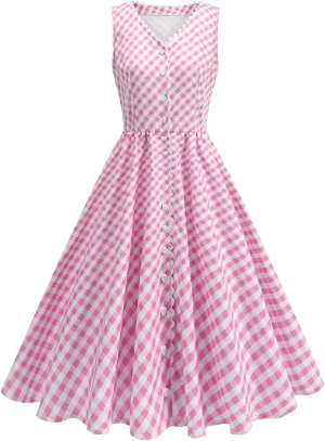 Button Front CheckeDress for Women V Neck Sleeveless A Line Summer Vacation Beachwear 2025 Casual Day Out