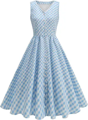 Button Front CheckeDress for Women V Neck Sleeveless A Line Summer Vacation Beachwear 2025 Casual Day Out