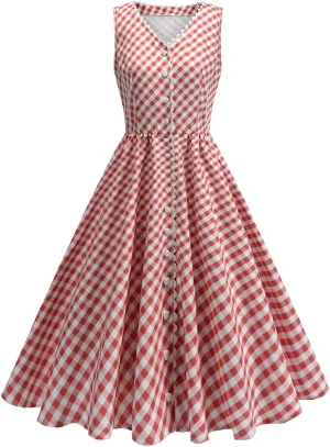 Button Front CheckeDress for Women V Neck Sleeveless A Line Summer Vacation Beachwear 2025 Casual Day Out