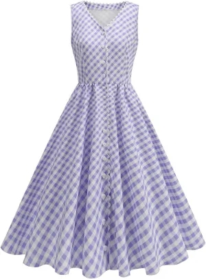 Button Front CheckeDress for Women V Neck Sleeveless A Line Summer Vacation Beachwear 2025 Casual Day Out
