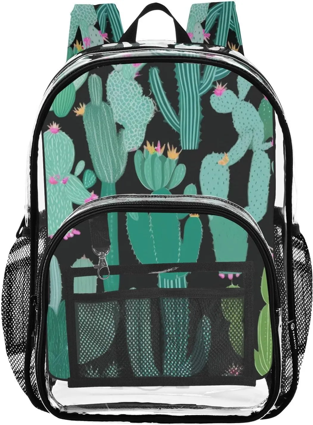 Cacti Green Clear Backpack with Back Print, Heavy Duty See Through Backpacks PVC Transparent Daypack for Travel Security