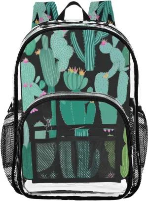 Cacti Green Clear Backpack with Back Print, Heavy Duty See Through Backpacks PVC Transparent Daypack for Travel Security