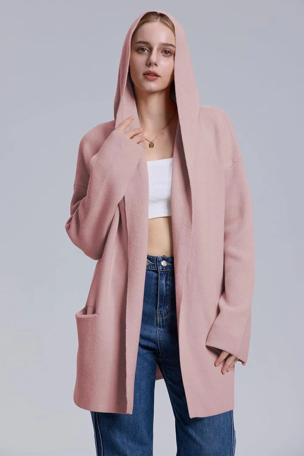Cakulo Womens Long Hooded Cardigan Sweaters 2024 Oversized Cardigans Open Front Fall Knit Sweater Coat with Pockets