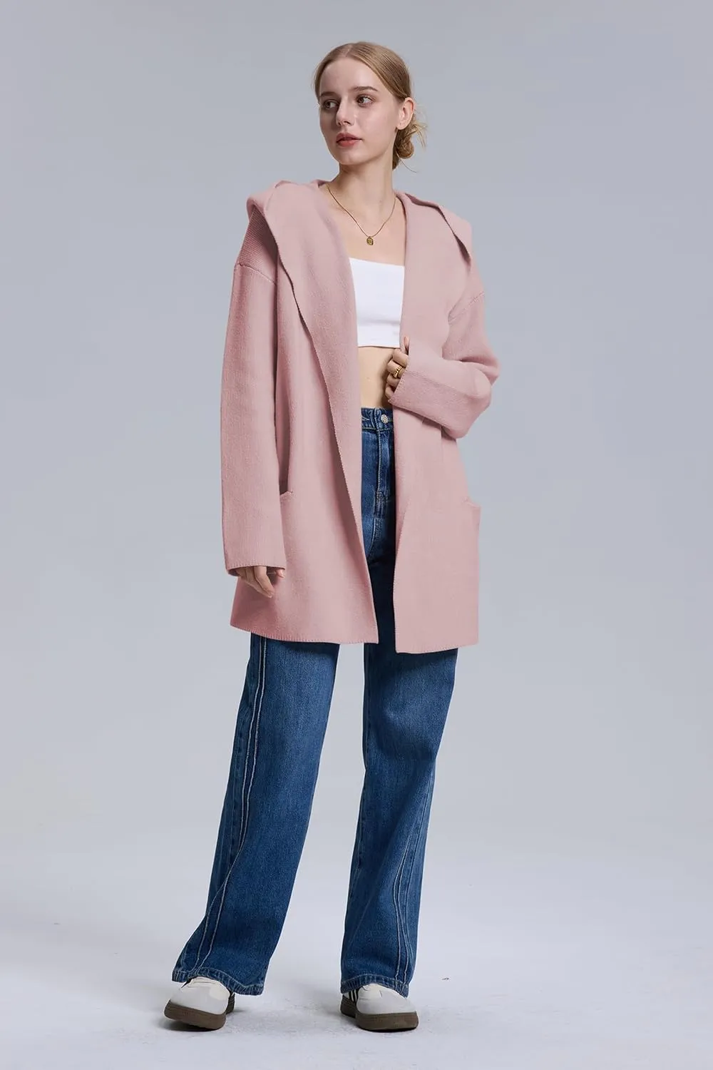 Cakulo Womens Long Hooded Cardigan Sweaters 2024 Oversized Cardigans Open Front Fall Knit Sweater Coat with Pockets