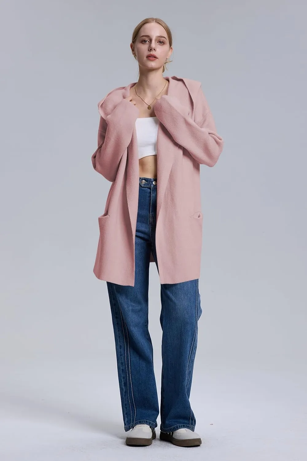 Cakulo Womens Long Hooded Cardigan Sweaters 2024 Oversized Cardigans Open Front Fall Knit Sweater Coat with Pockets