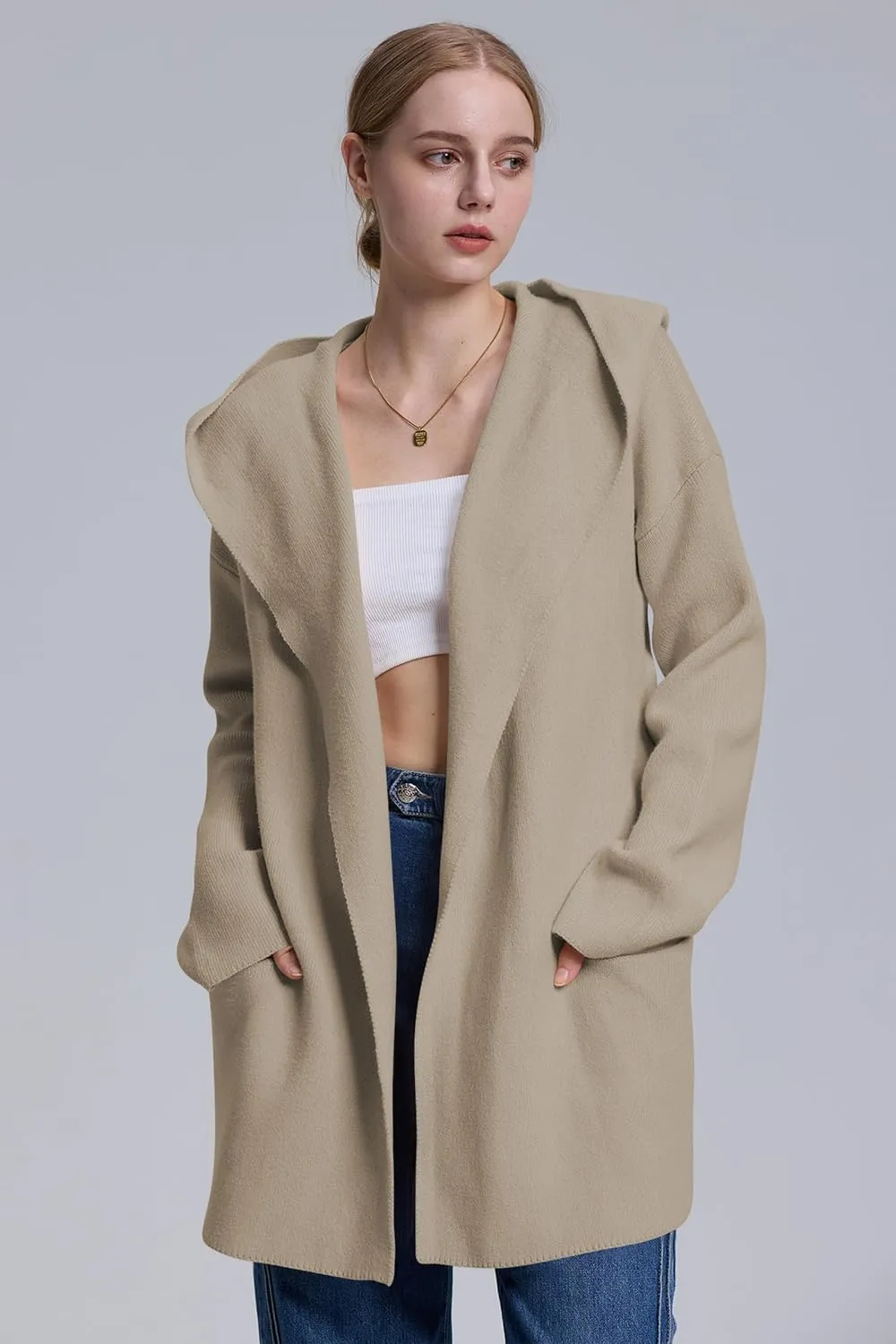 Cakulo Womens Long Hooded Cardigan Sweaters 2024 Oversized Cardigans Open Front Fall Knit Sweater Coat with Pockets