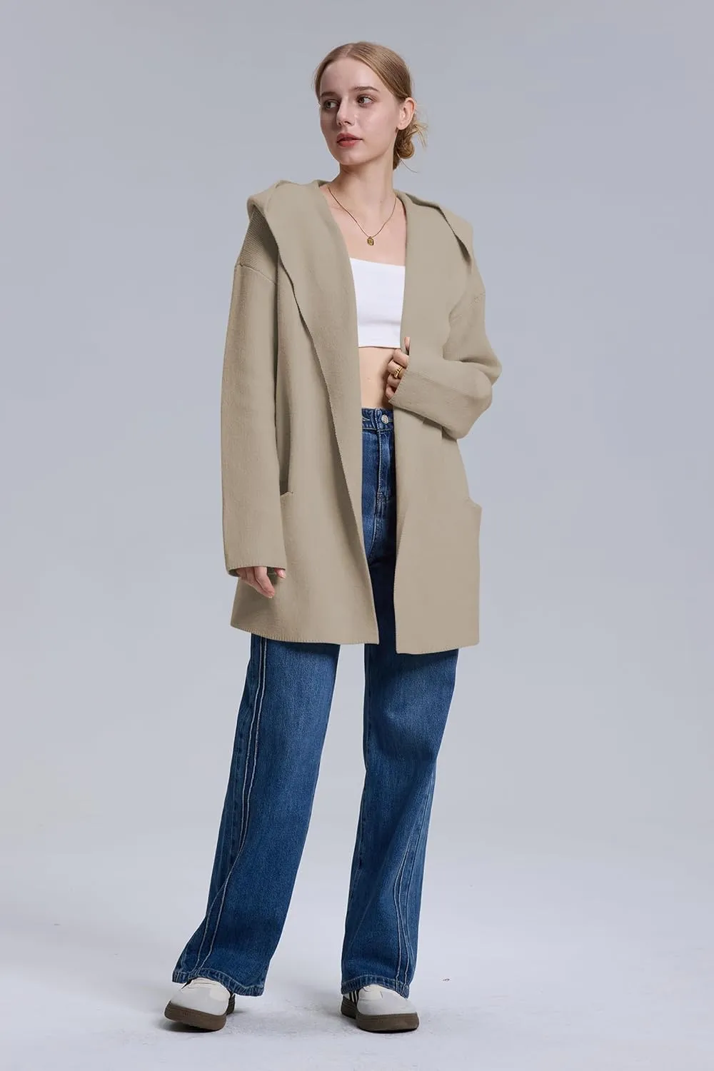 Cakulo Womens Long Hooded Cardigan Sweaters 2024 Oversized Cardigans Open Front Fall Knit Sweater Coat with Pockets