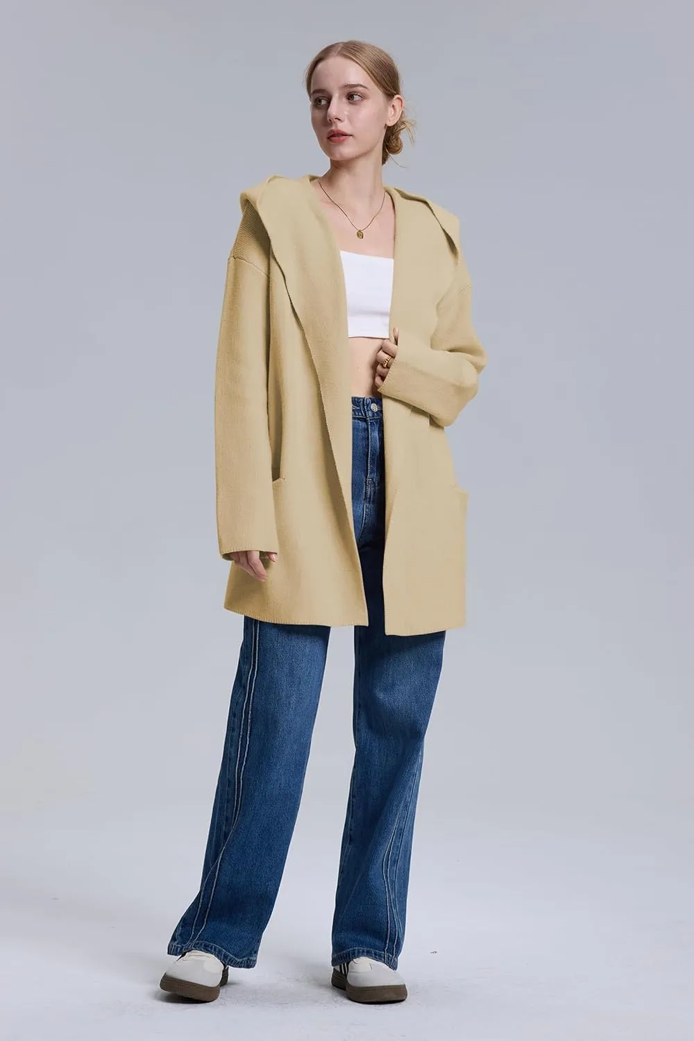 Cakulo Womens Long Hooded Cardigan Sweaters 2024 Oversized Cardigans Open Front Fall Knit Sweater Coat with Pockets