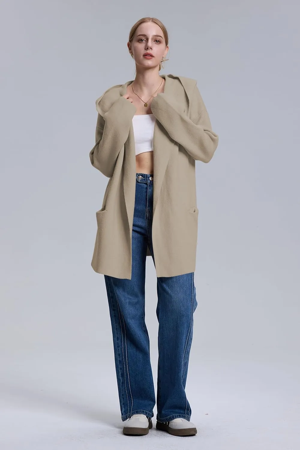 Cakulo Womens Long Hooded Cardigan Sweaters 2024 Oversized Cardigans Open Front Fall Knit Sweater Coat with Pockets