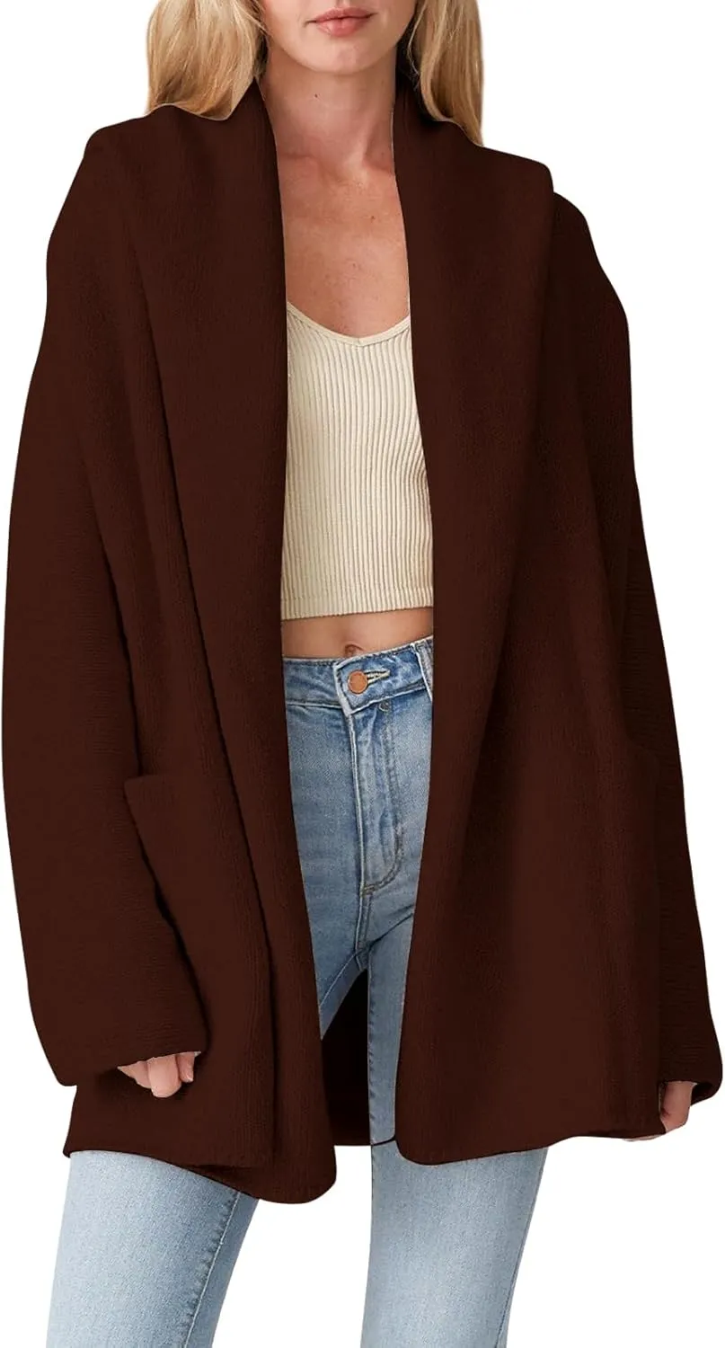 Cakulo Womens Long Hooded Cardigan Sweaters 2024 Oversized Cardigans Open Front Fall Knit Sweater Coat with Pockets