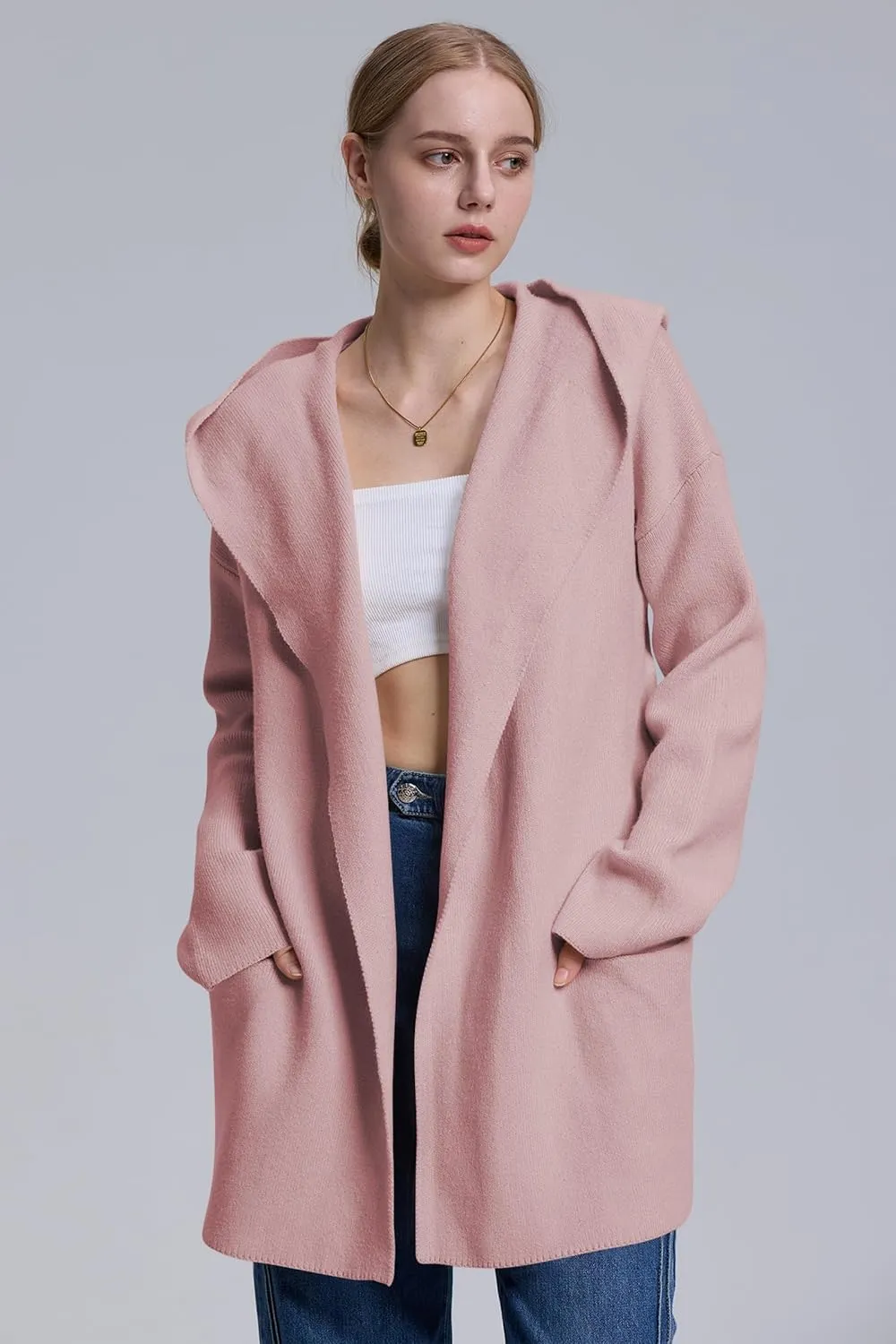 Cakulo Womens Long Hooded Cardigan Sweaters 2024 Oversized Cardigans Open Front Fall Knit Sweater Coat with Pockets