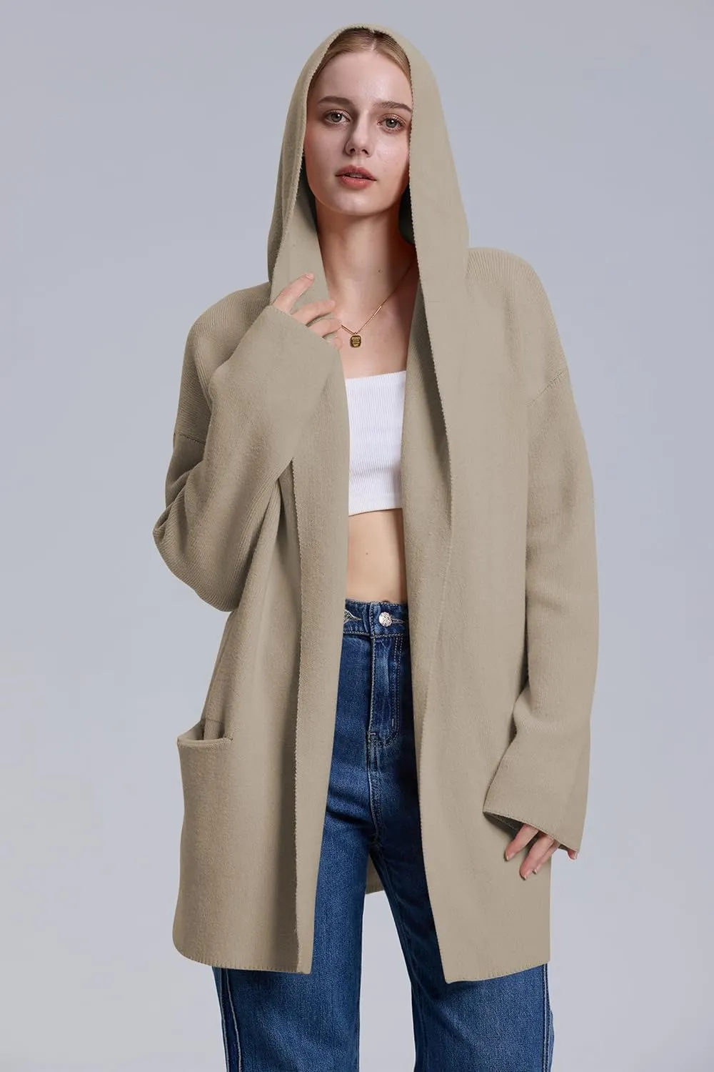 Cakulo Womens Long Hooded Cardigan Sweaters 2024 Oversized Cardigans Open Front Fall Knit Sweater Coat with Pockets